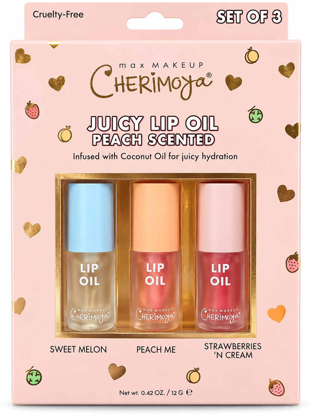 Max Makeup Cherimoya Juicy Lip Oil – Peach Scented, Set of 3