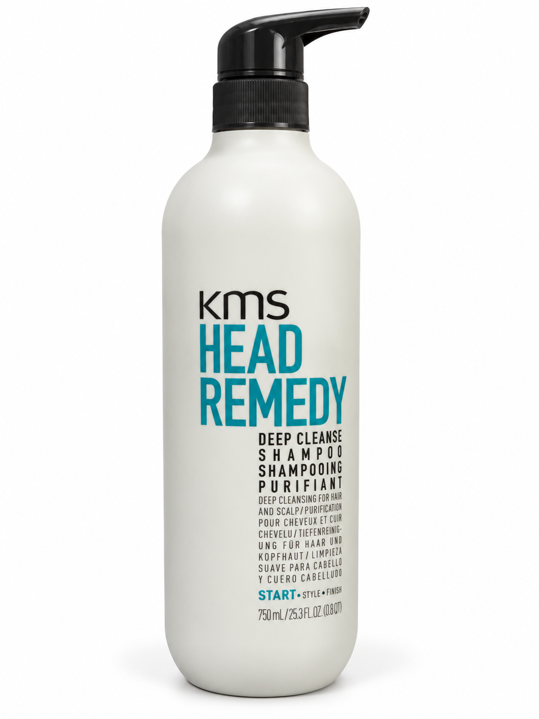 A white bottle of KMS Head Remedy Deep Cleanse Shampoo with black pump, labeled for deep cleansing for hair and scalp purification, 750ml