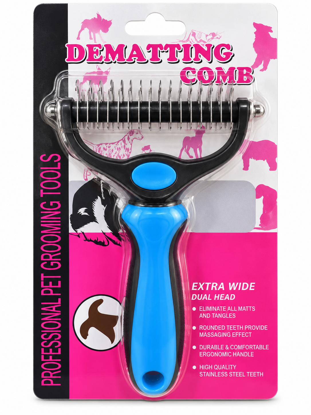 Extra-Wide Dual-Sided Pet Dematting & Grooming Rake – Blue