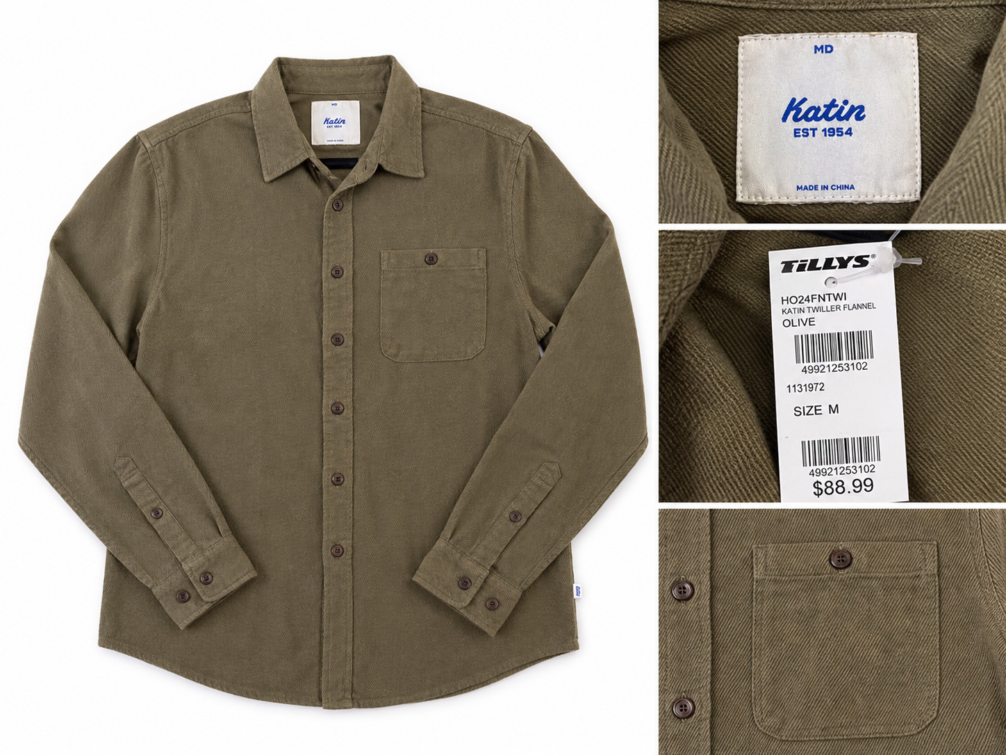 Katin Men's Twiller Flannel Button-Up Shirt – Olive – Size Medium