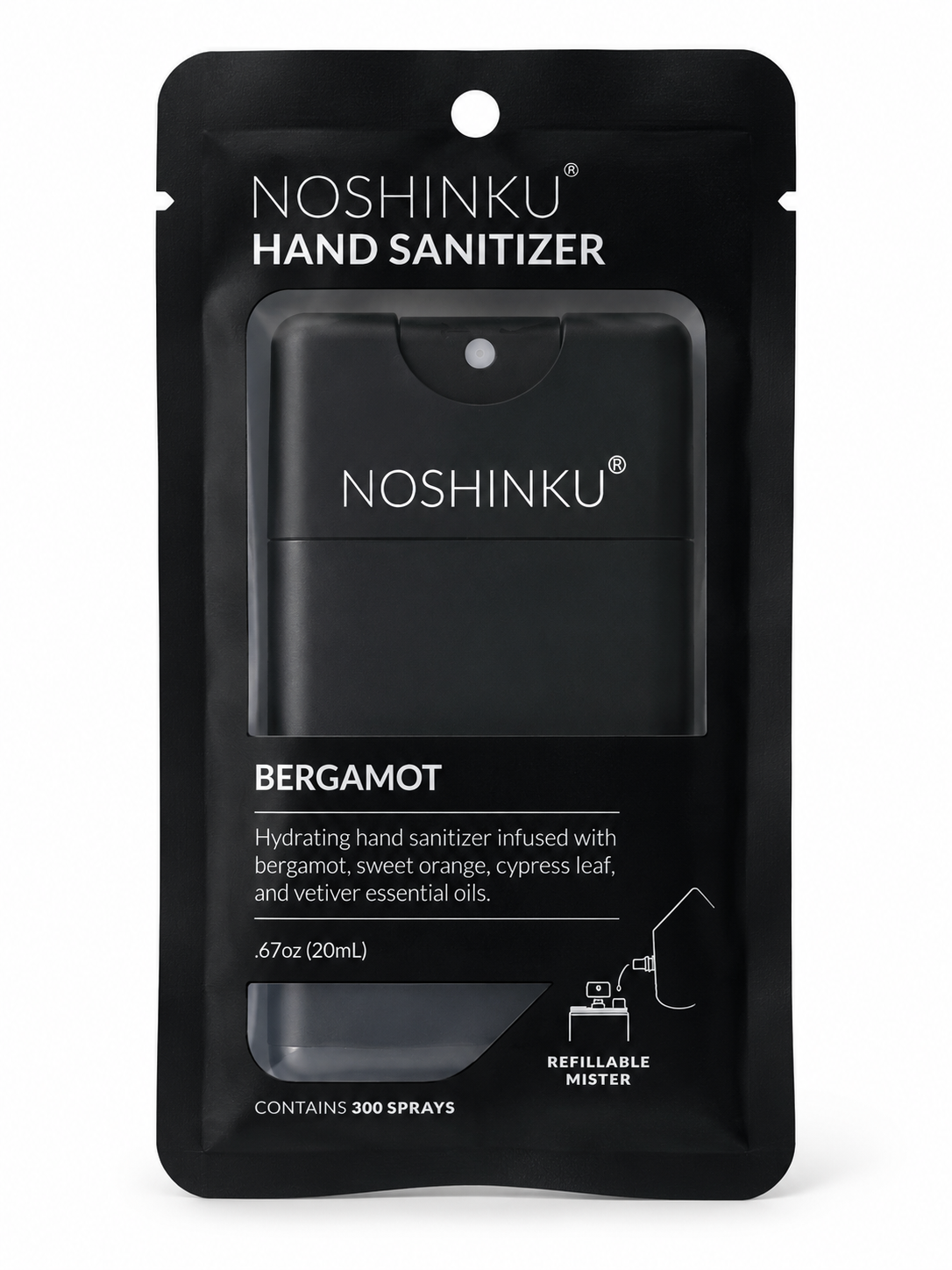 Black resealable pouch of Noshinku Bergamot Hand Sanitizer with transparent window, indicating 67 ounces of sanitizer inside, featuring a spray nozzle labeled as refillable mister, designed for disinfecting hands.
