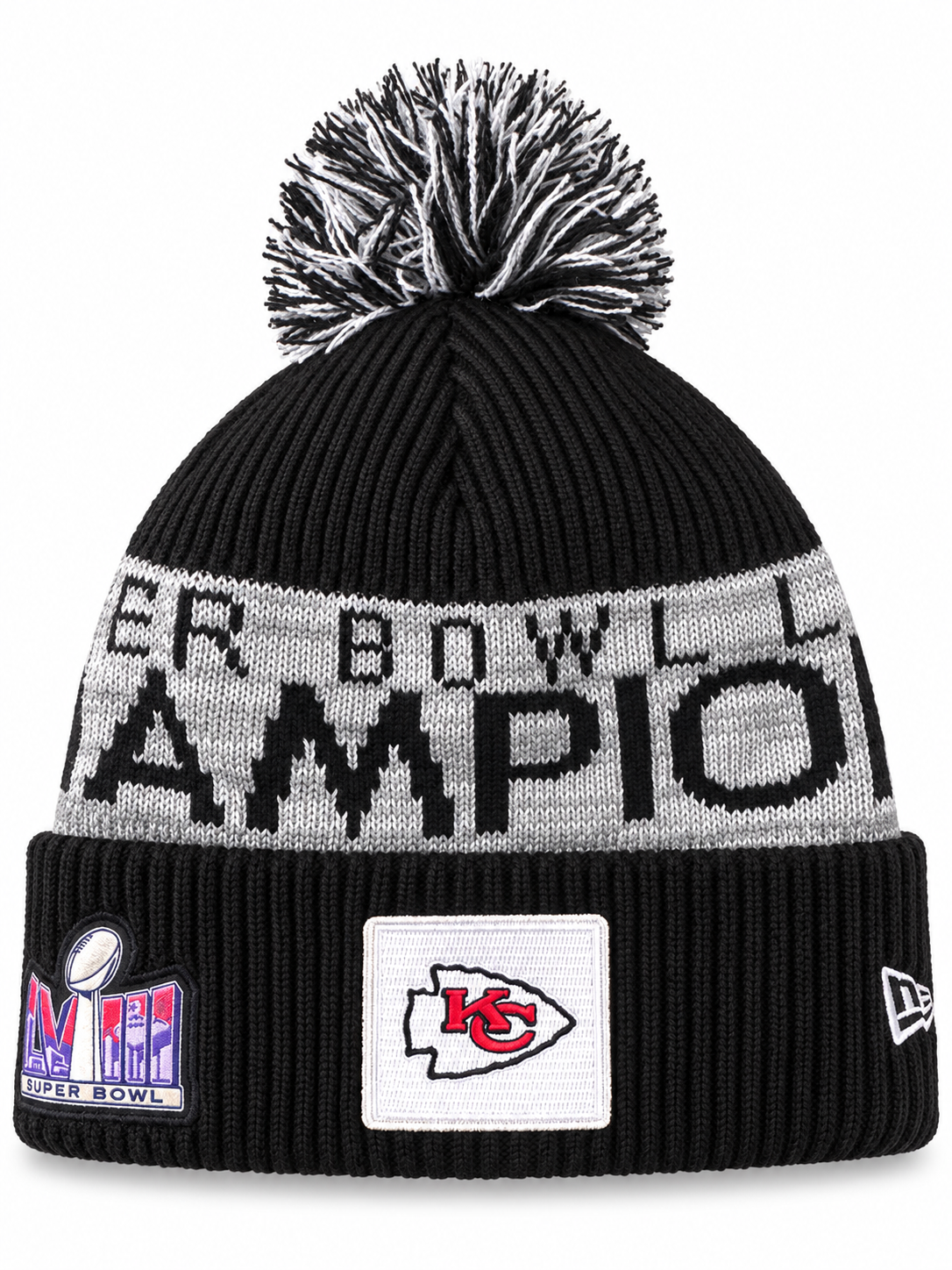 New Era Kansas City Chiefs Super Bowl LVIII Champions Pom Beanie — Black/Gray