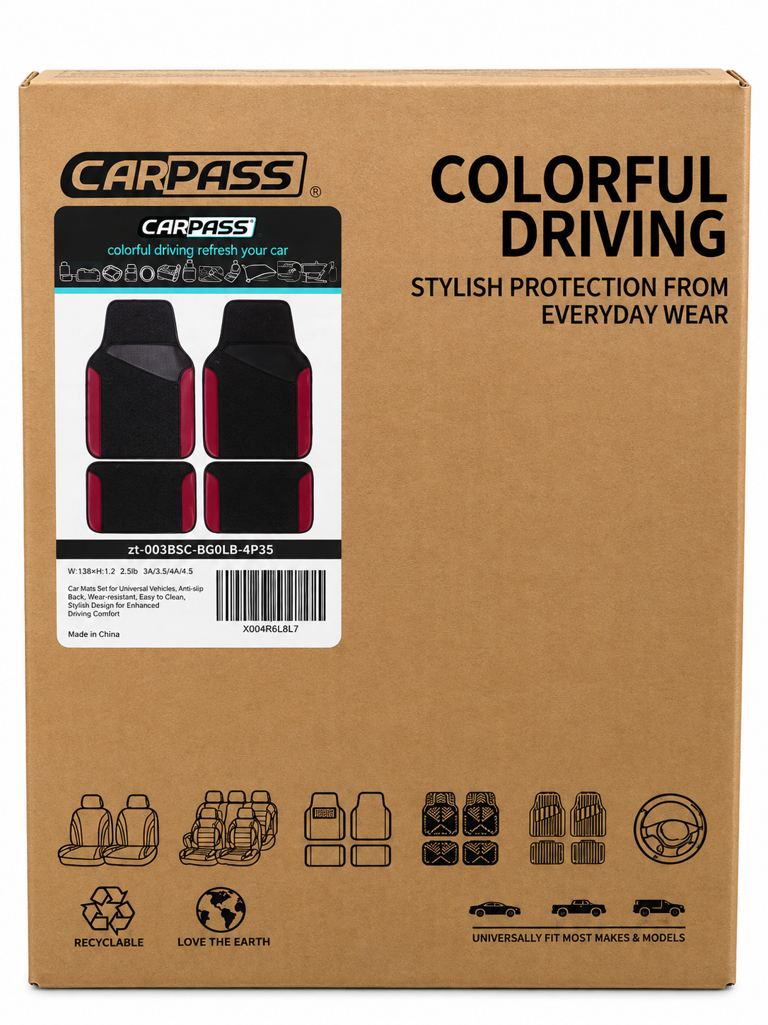 CAR PASS Waterproof Car Floor Mats – Black & Burgundy, 4-Piece Set