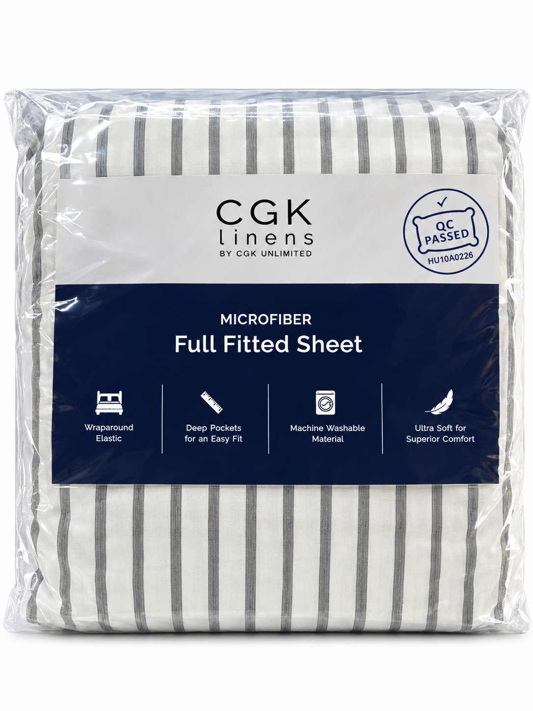 CGK Linens Full Fitted Sheet – Gray & White Stripes – Deep Pocket Microfiber