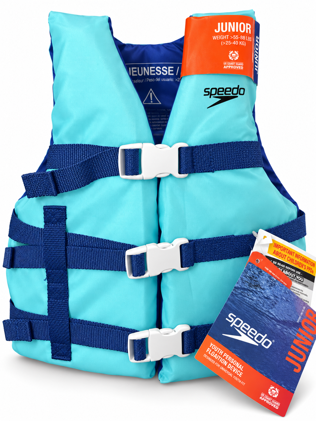 Speedo Junior Life Jacket – Aqua/Navy, 55–88 lbs