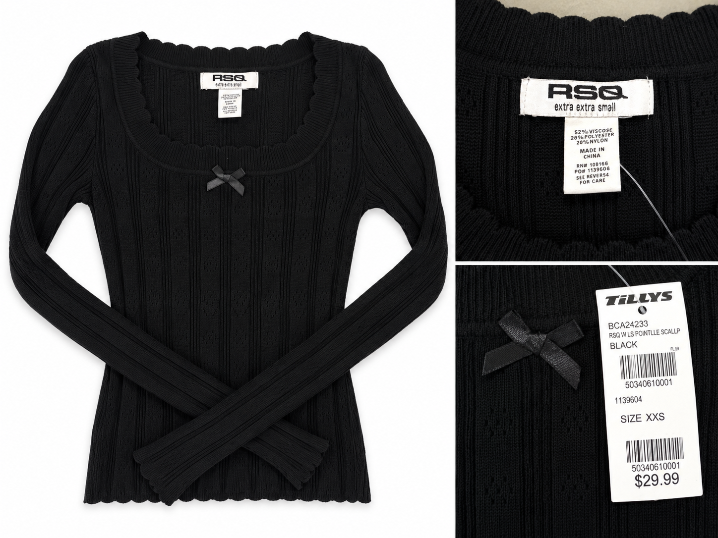 RSQ Women's Long Sleeve Pointelle Scallop Sweater – Black – Size XXS