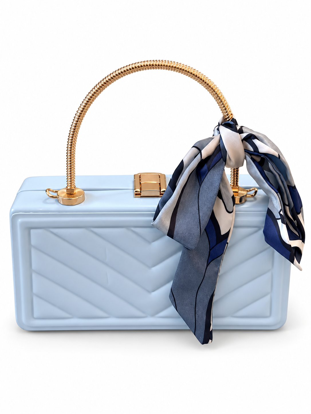 Light Blue Box Handbag with Scarf & Gold-Tone Handle