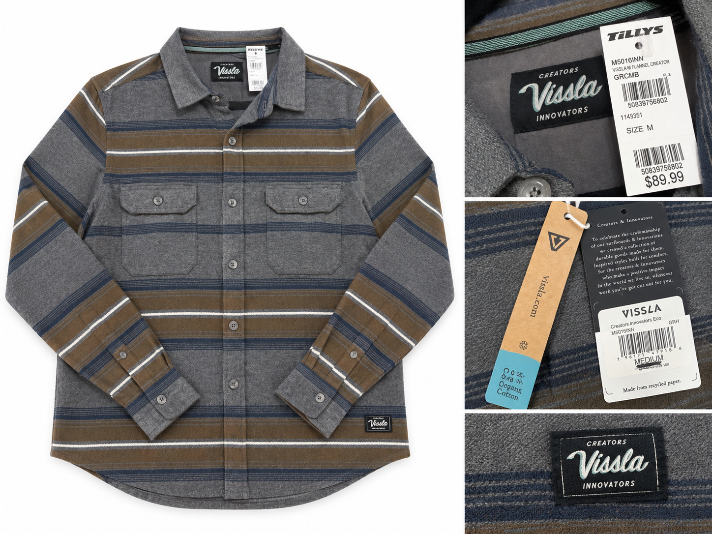 Vissla Men's Creators Flannel Button-Up Shirt – Gray/Brown – Size Medium