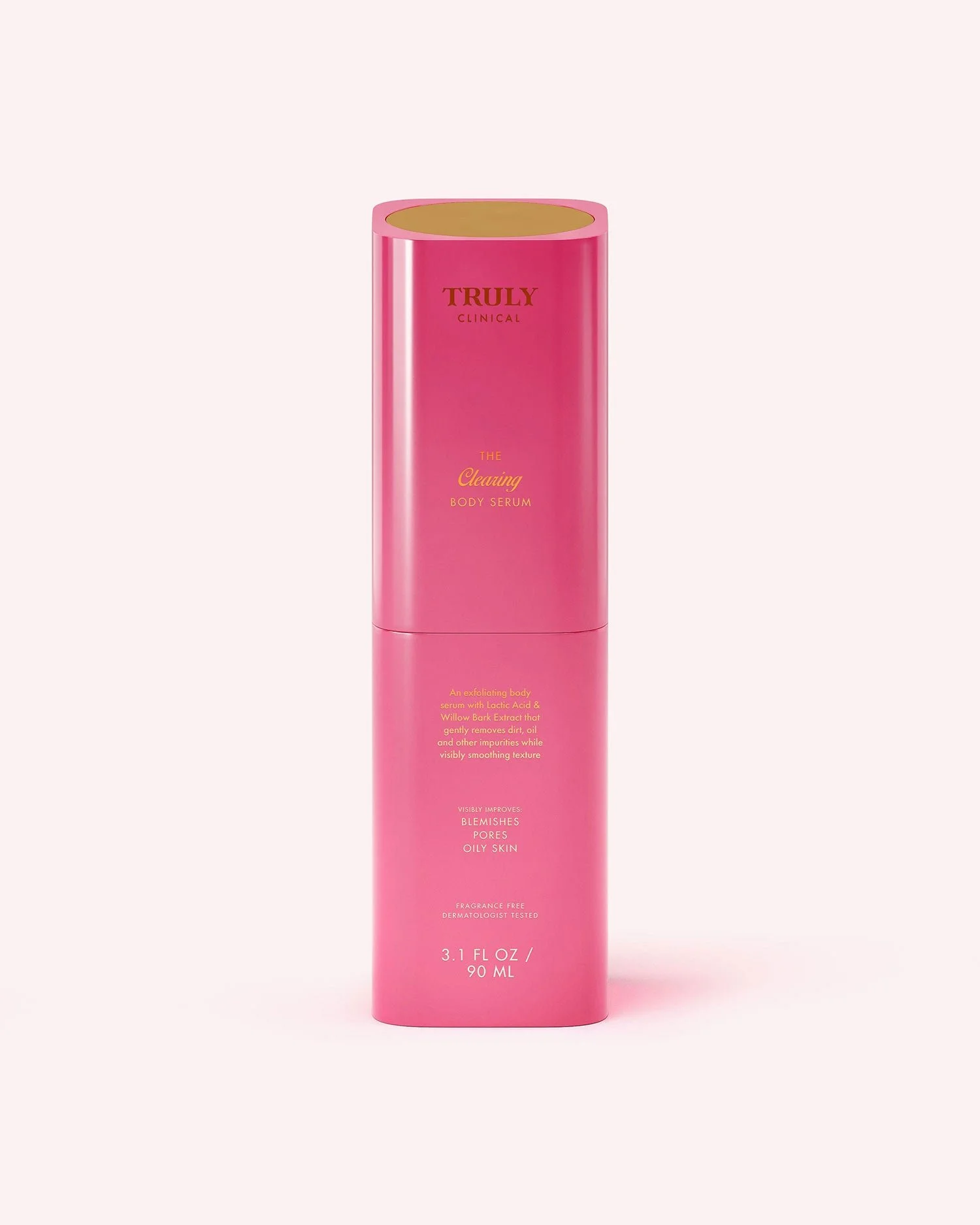 Pink cylindrical bottle of Truly Clinical The Clearing Body Serum with gold cap, with product description and benefits written in gold and white text on the front.
