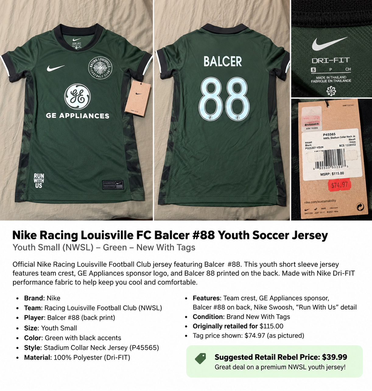 Nike Racing Louisville FC Soccer Jersey – Youth Small – Green - Balcer #88