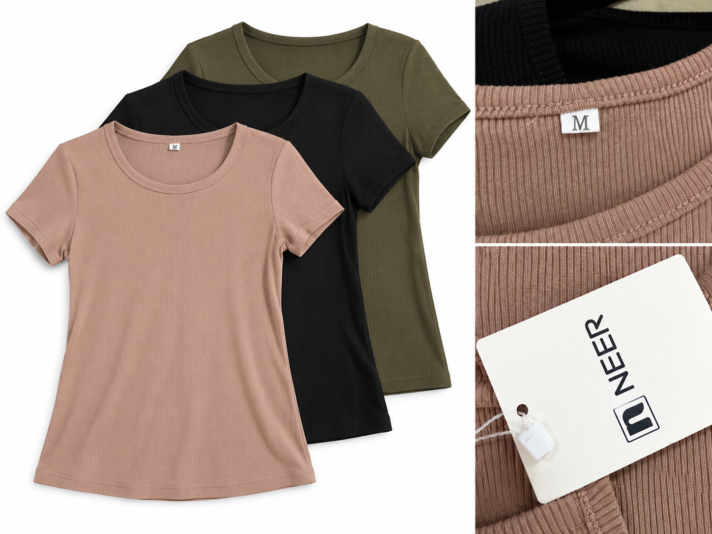 NEER Women's Ribbed Short Sleeve T-Shirts – 3 Pack – Size Medium (Olive Green, Black & Tan)