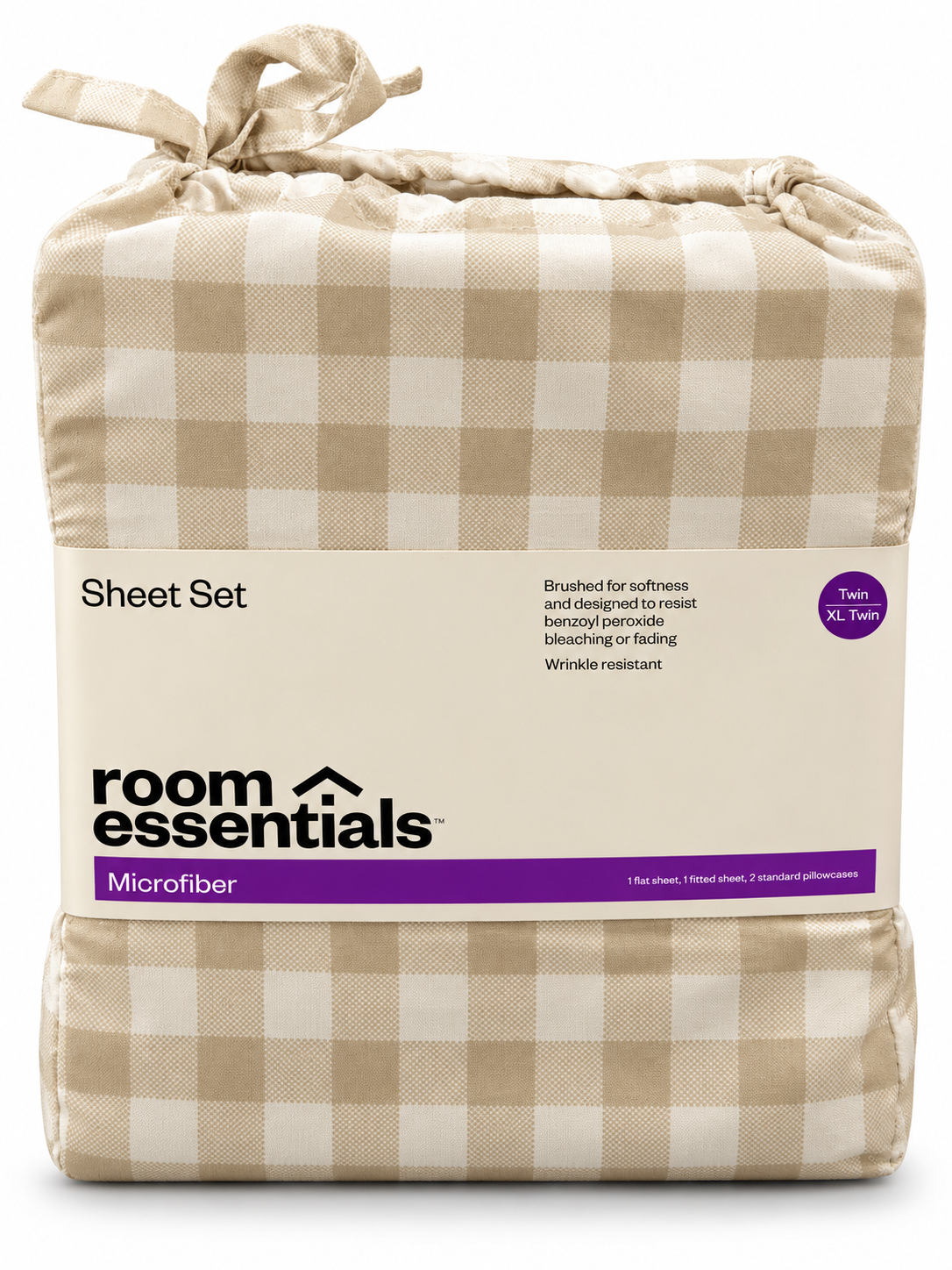 Room Essentials Microfiber Sheet Set – Twin/Twin XL, Khaki Gingham