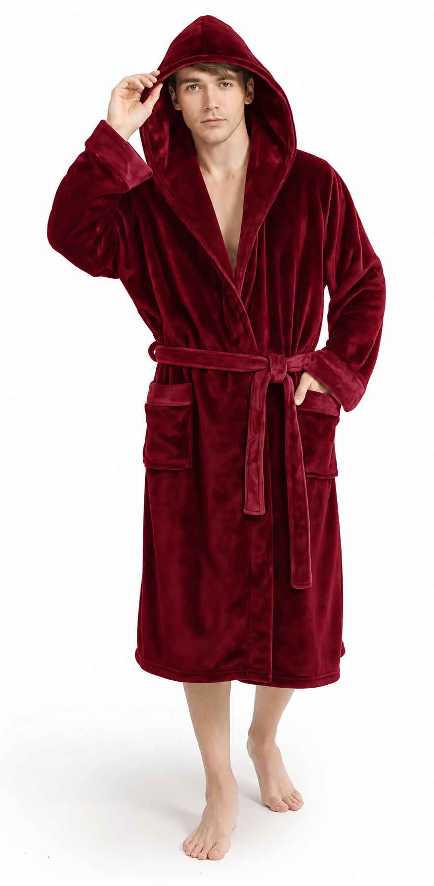 Veoky Men’s Soft Fleece Bathrobe – Red, XL