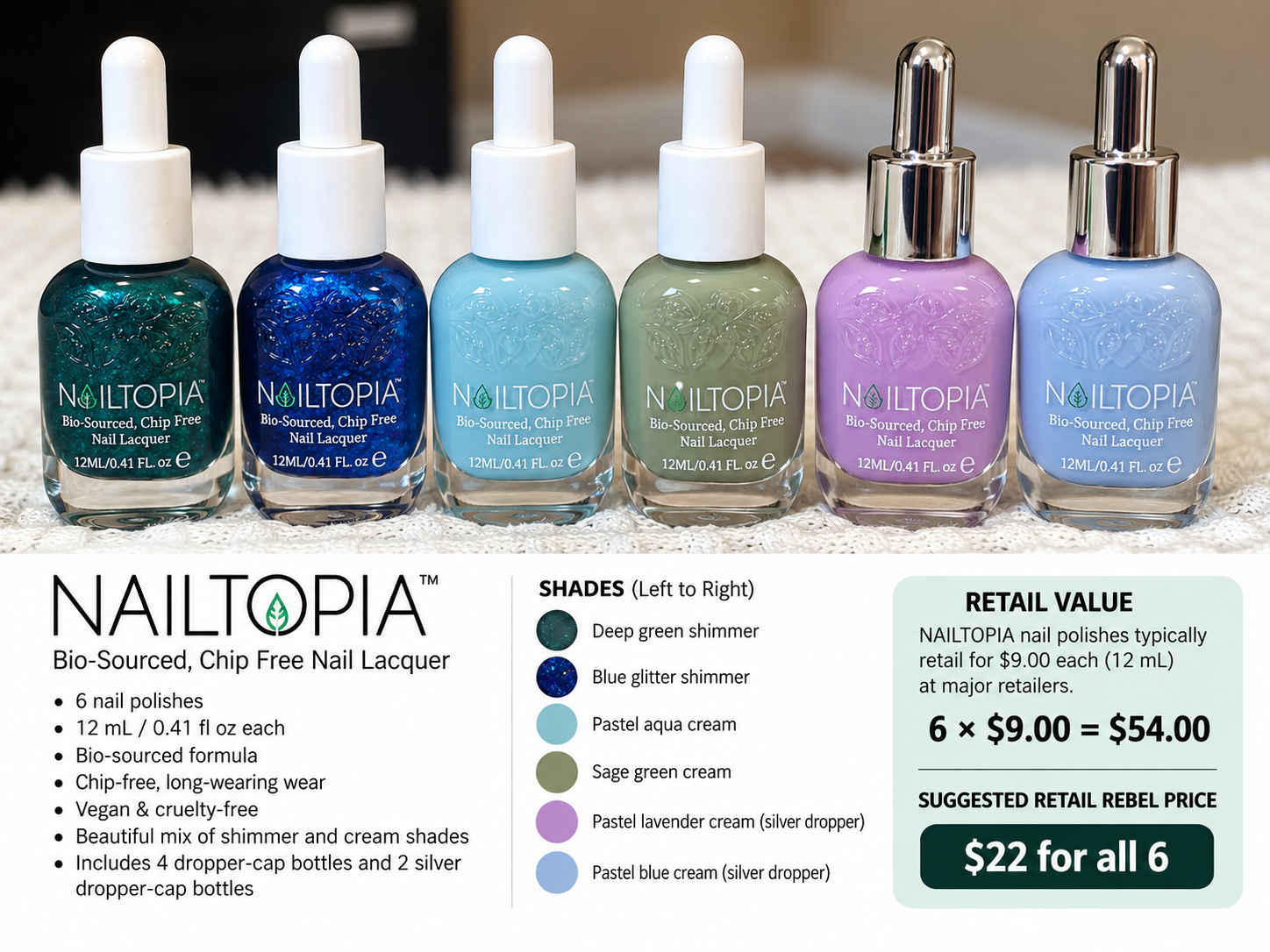 Nailtopia Bio-Sourced Chip-Free Nail Polish Bundle – 6 Polishes