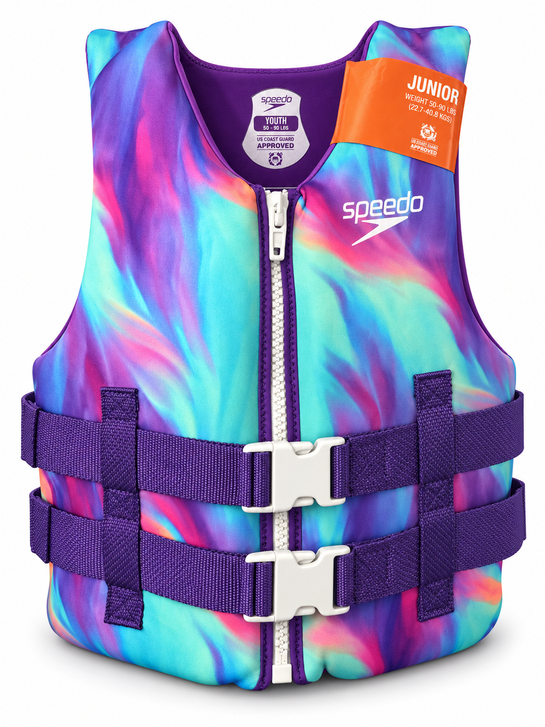 Speedo Youth Life Jacket – Purple/Turquoise/Pink Tie-Dye, 50–90 lbs