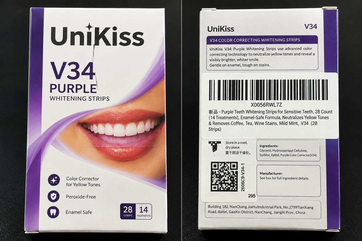 UniKiss V34 Purple Whitening Strips – 14 Treatments
