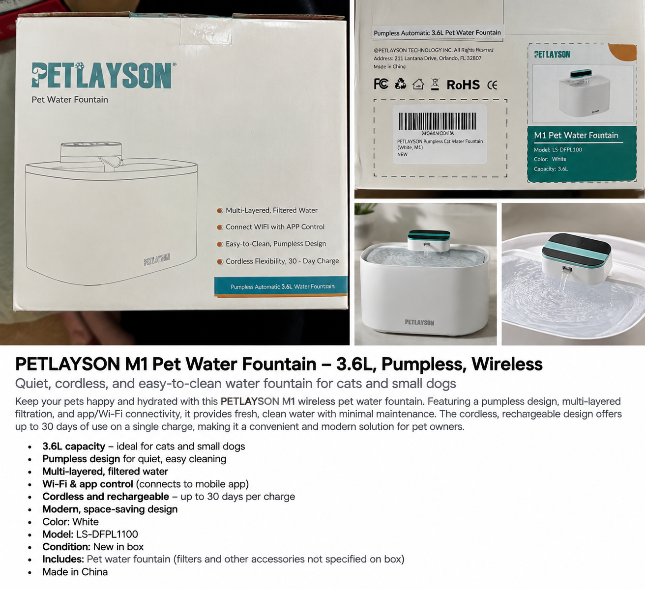 PETLAYSON M1 Automatic Pet Water Fountain – 3.6L – White