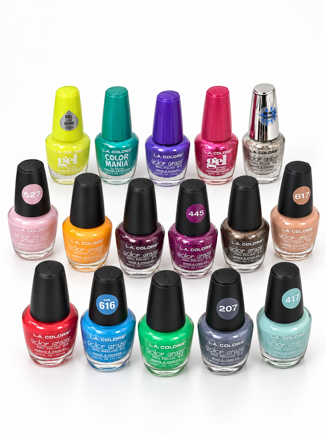 L.A. COLORS Nail Polish BUNDLE of 16 – Assorted Colors & Finishes
