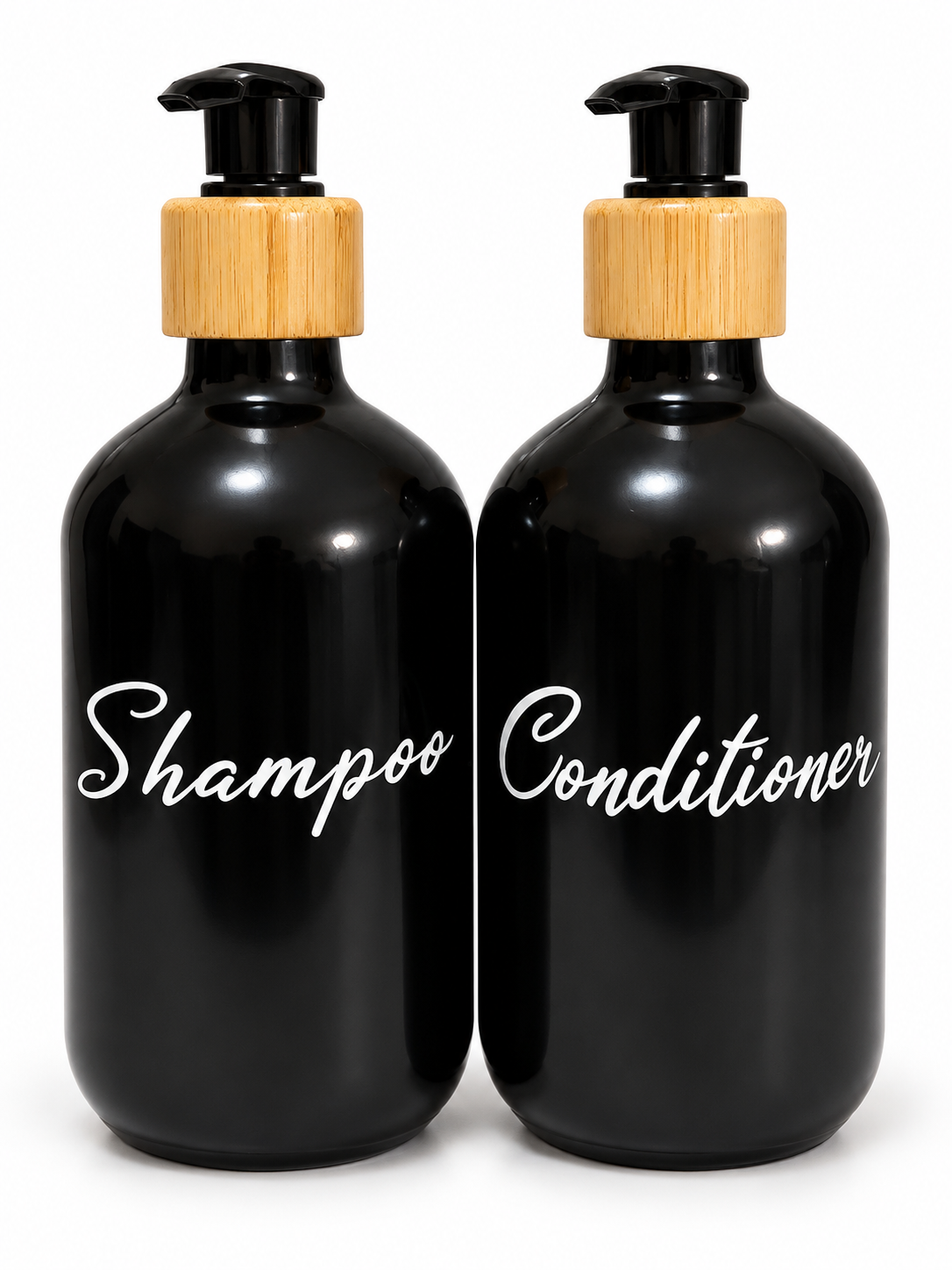 Refillable Shampoo & Conditioner Pump Dispenser Set – Black with Bamboo Accents
