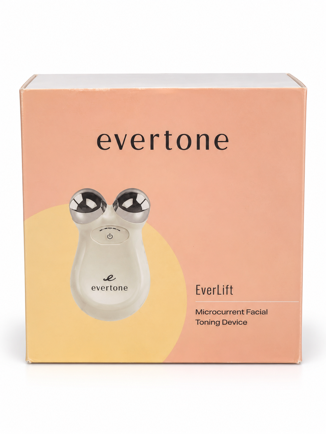 Evertone EverLift microcurrent facial toning device packaging with a photo of the device on a pastel background.