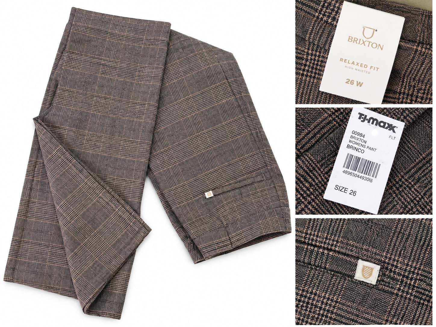Brixton Women's Relaxed Fit High-Waisted Plaid Pants – Size 26
