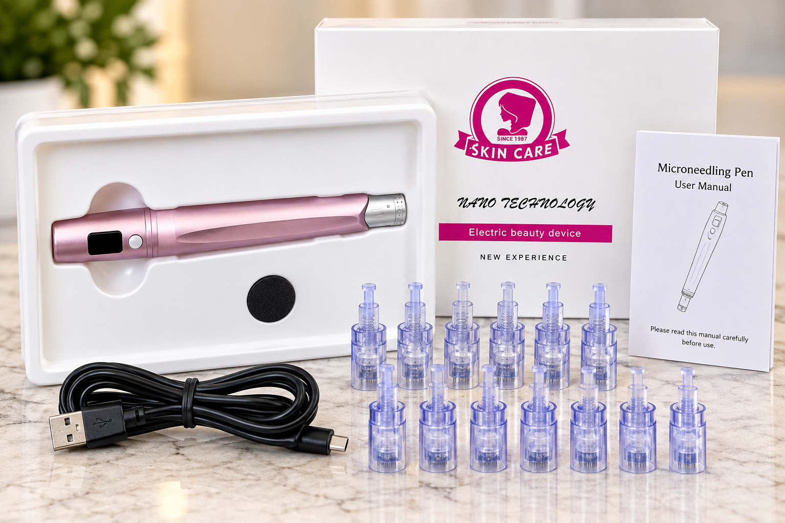 Pink electronic beauty device with a digital screen, instruction manual, black charging cable, and multiple small transparent attachment heads displayed on a marble surface.
