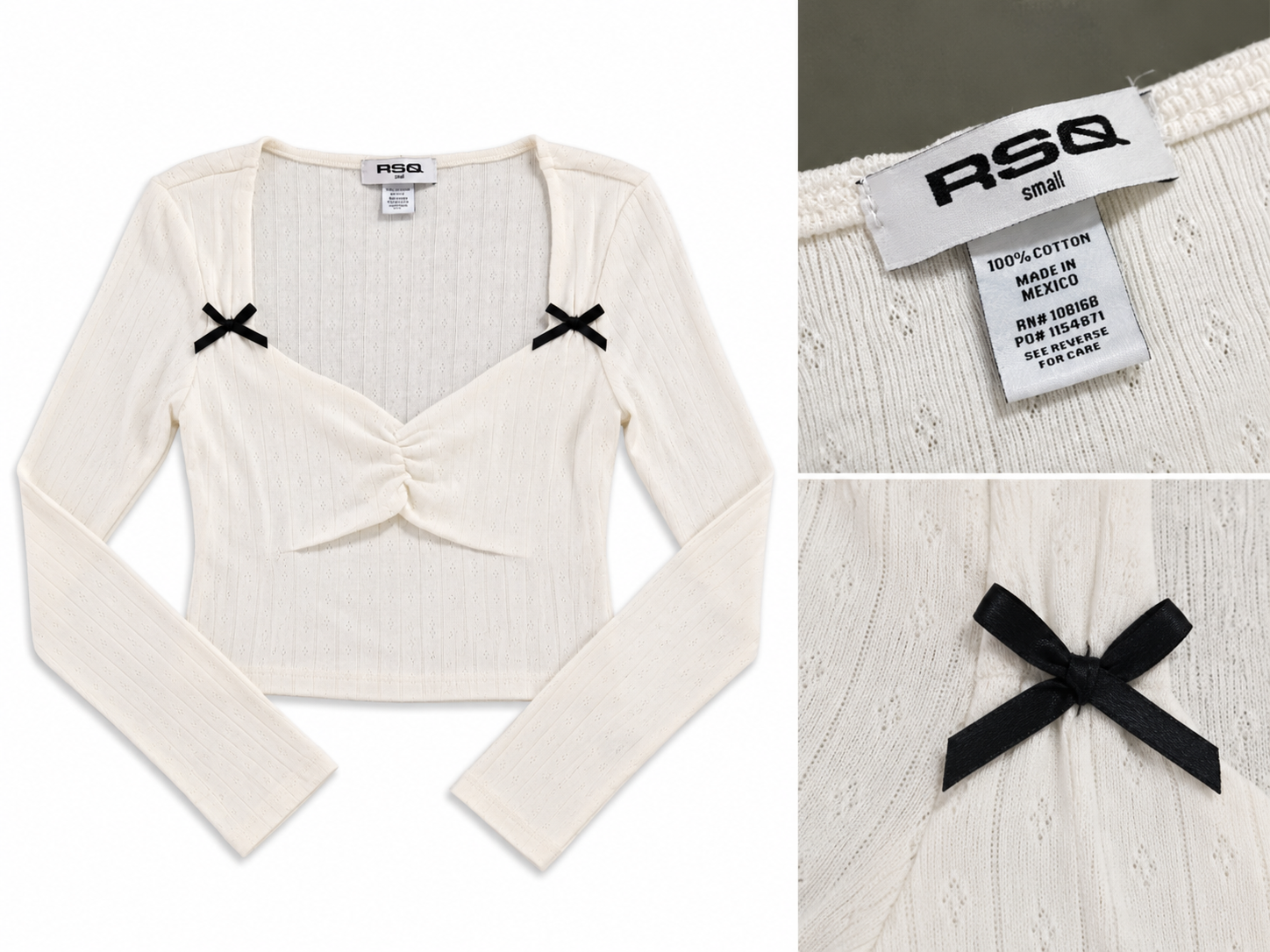 RSQ Women's Pointelle Bow Detail Long Sleeve Top – Ivory – Size Small