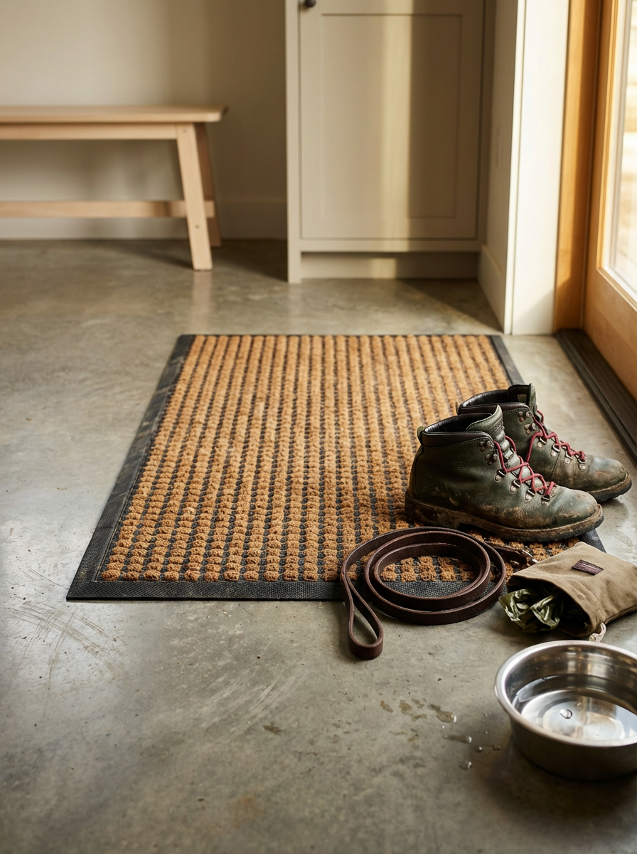A pair of muddy hiking boots, a rolled-up belt, a green jacket, and a metal dog bowl are on a striped doormat near a door with sunlight coming in.