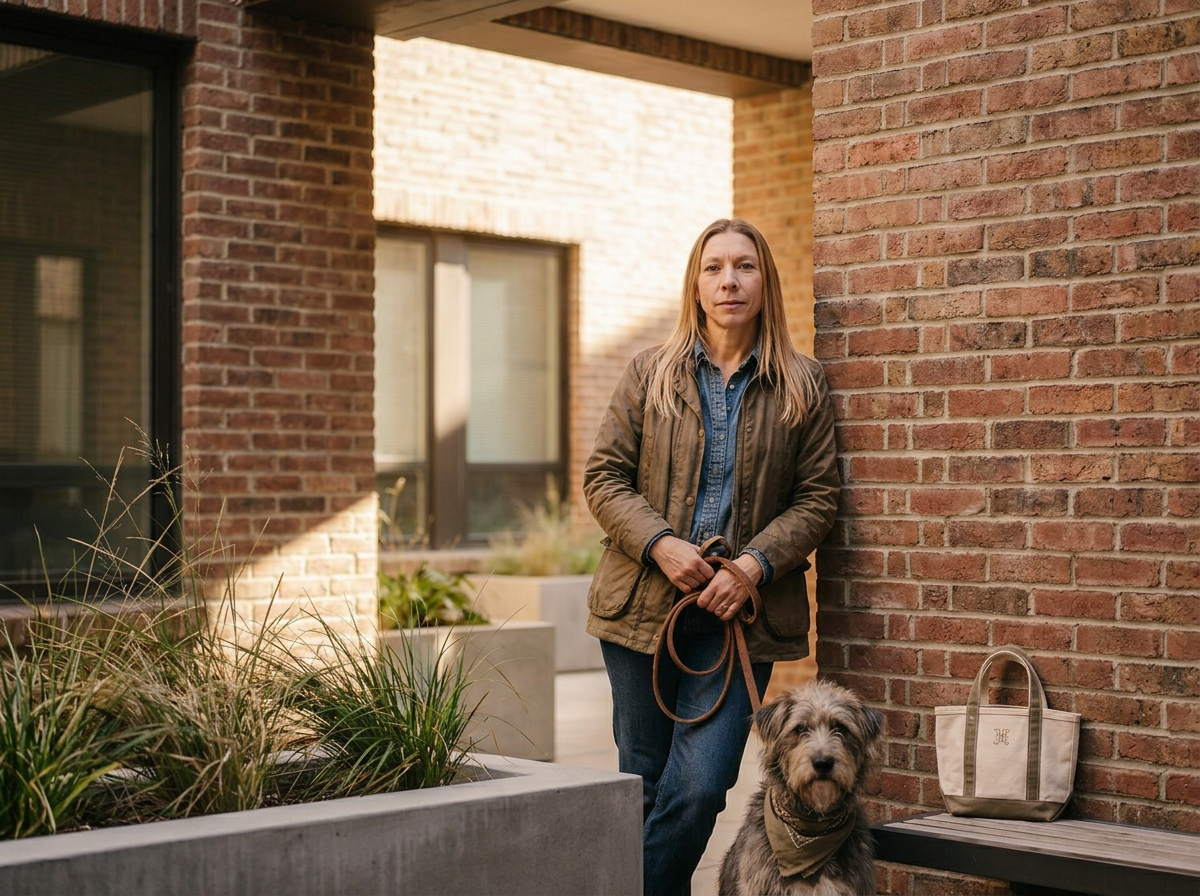 A woman standing outside on a brick patio with her dog. The woman is wearing a brown jacket over a blue shirt, and the dog is wearing a bandana. There is a beige bag on a bench beside them.
