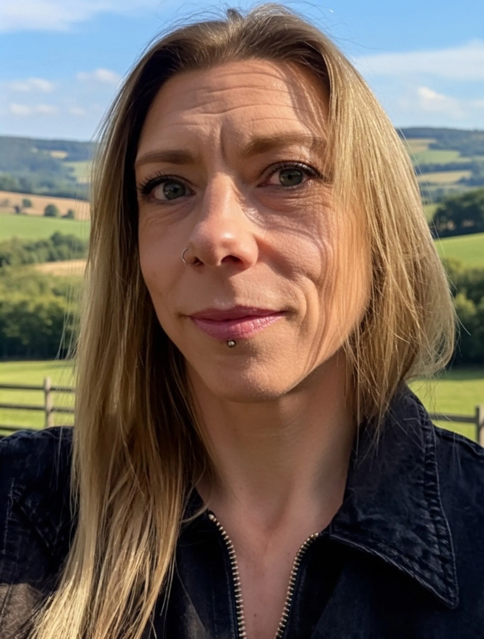 A woman with long blonde hair, piercing blue eyes, a nose ring, and a labret piercing, wearing a black textured jacket with a zipper, outdoors with a scenic background of rolling green hills, blue sky, and white clouds.