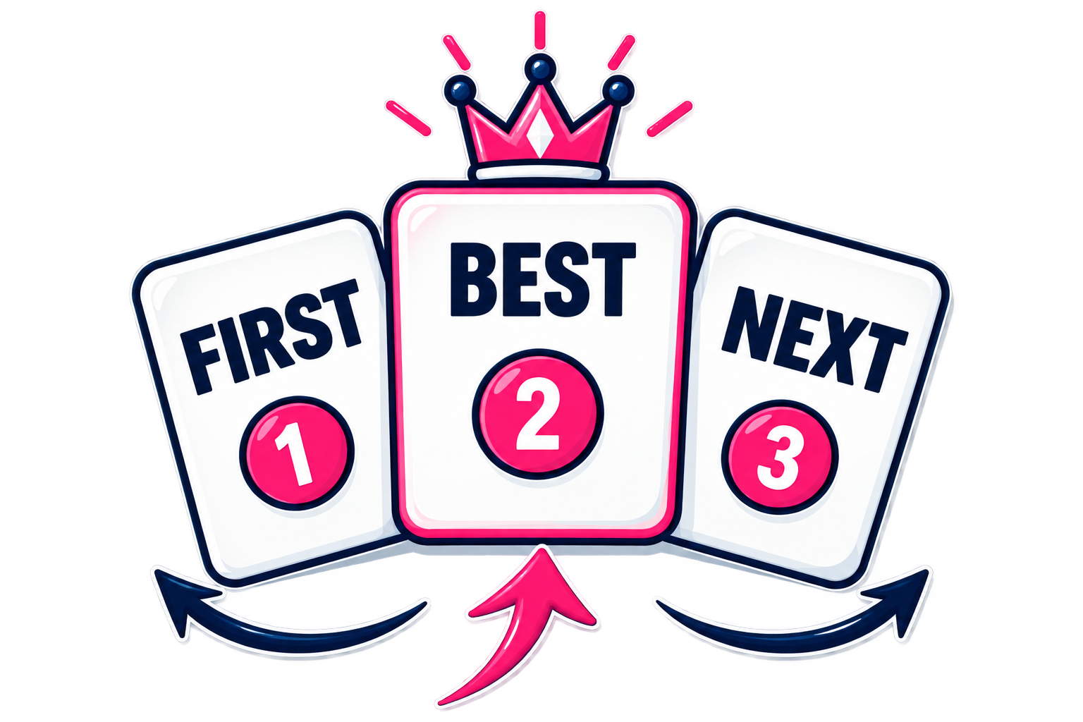 A digital illustration of a podium with three speech bubbles labeled 'First,' 'Best,' and 'Next,' numbered 1, 2, and 3, with arrows pointing upward and a pink crown above the central bubble.