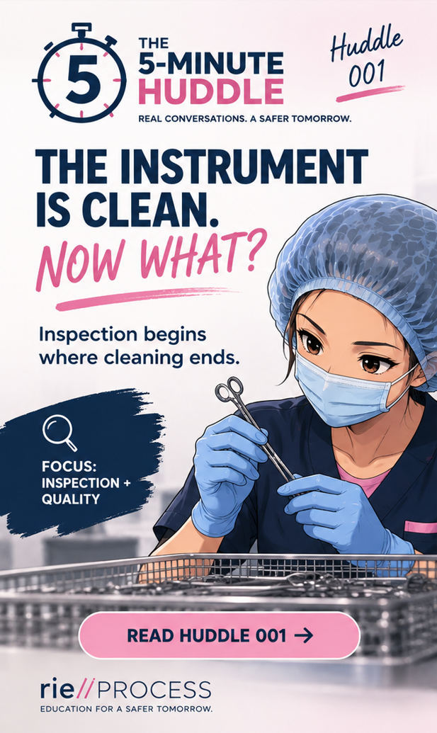 An informational poster about a 5-minute huddle process in a food or healthcare setting. It features a woman in a hairnet, face mask, and gloves inspecting a utensil with scissors, with a focus on proper inspection and quality control for a safer tomorrow.