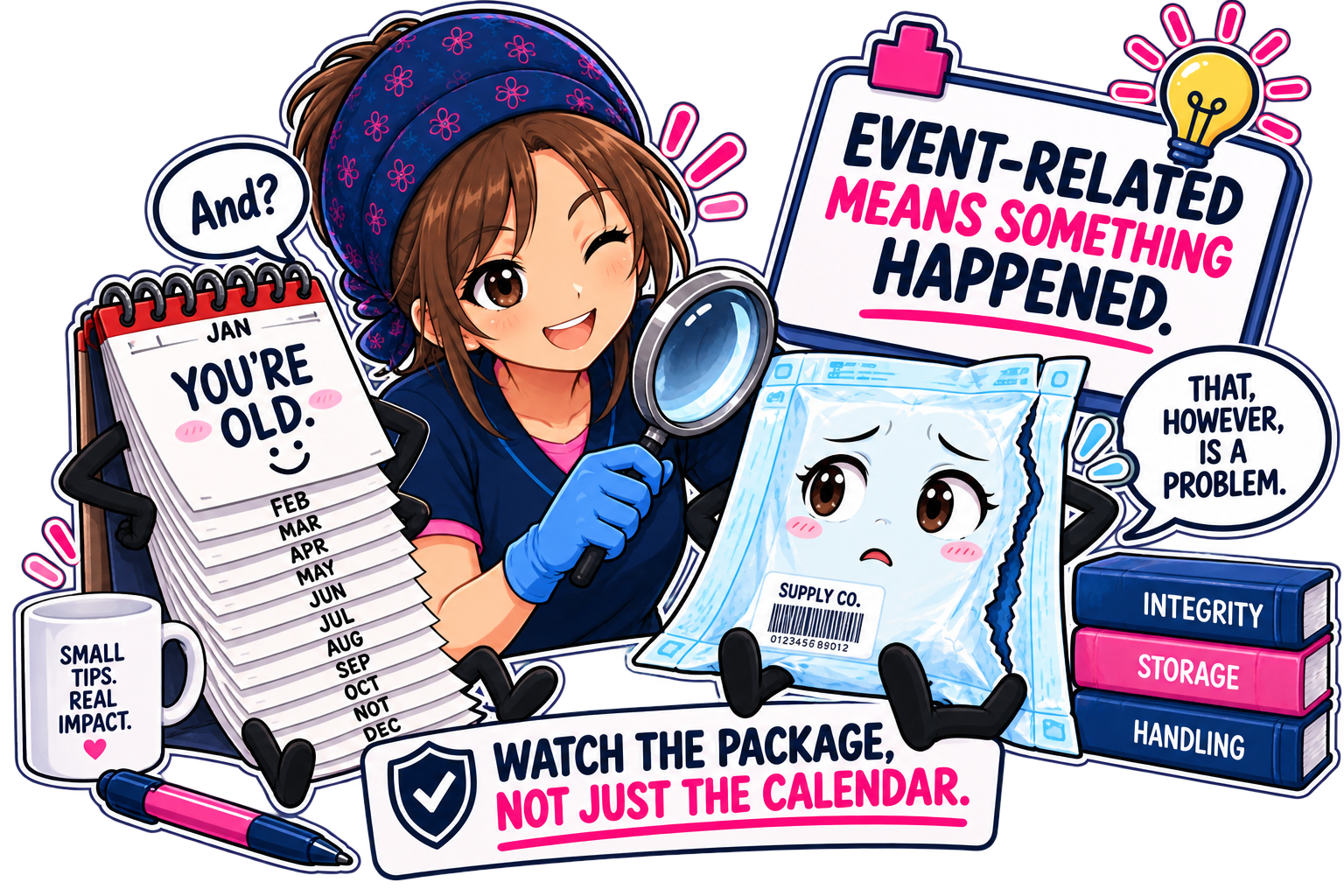 A cartoon girl with brown hair, wearing a headscarf and gloves, holding a magnifying glass. She is inspecting a sad-looking plastic package with a barcode labeled 'Supply Co.' and a distressed expression. The scene includes a calendar with months and the phrase 'You're Old' with a smiley face, a mug with 'Small Tips. Real Impact.' and a pink marker. There are speech bubbles, one saying 'And?' and another saying 'That, however, is a problem.' A large sign reads 'Event-Related Means Something Happened.' Another sign says 'Watch the package, not just the calendar.' Three books titled 'Integrity,' 'Storage,' and 'Handling' are present, along with a lightbulb icon indicating an idea.