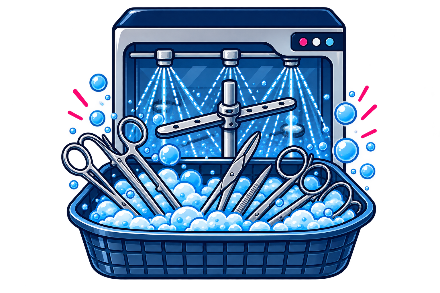 A washing machine with the door open filled with various sewing tools such as scissors, needles, and a seam ripper, surrounded by soap bubbles and foam.