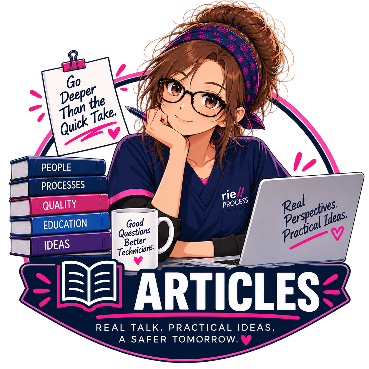 An illustrated woman with glasses and a headscarf sitting at a desk with a laptop and books, surrounded by motivational posters and mugs with messages about articles, processes, quality, and education.