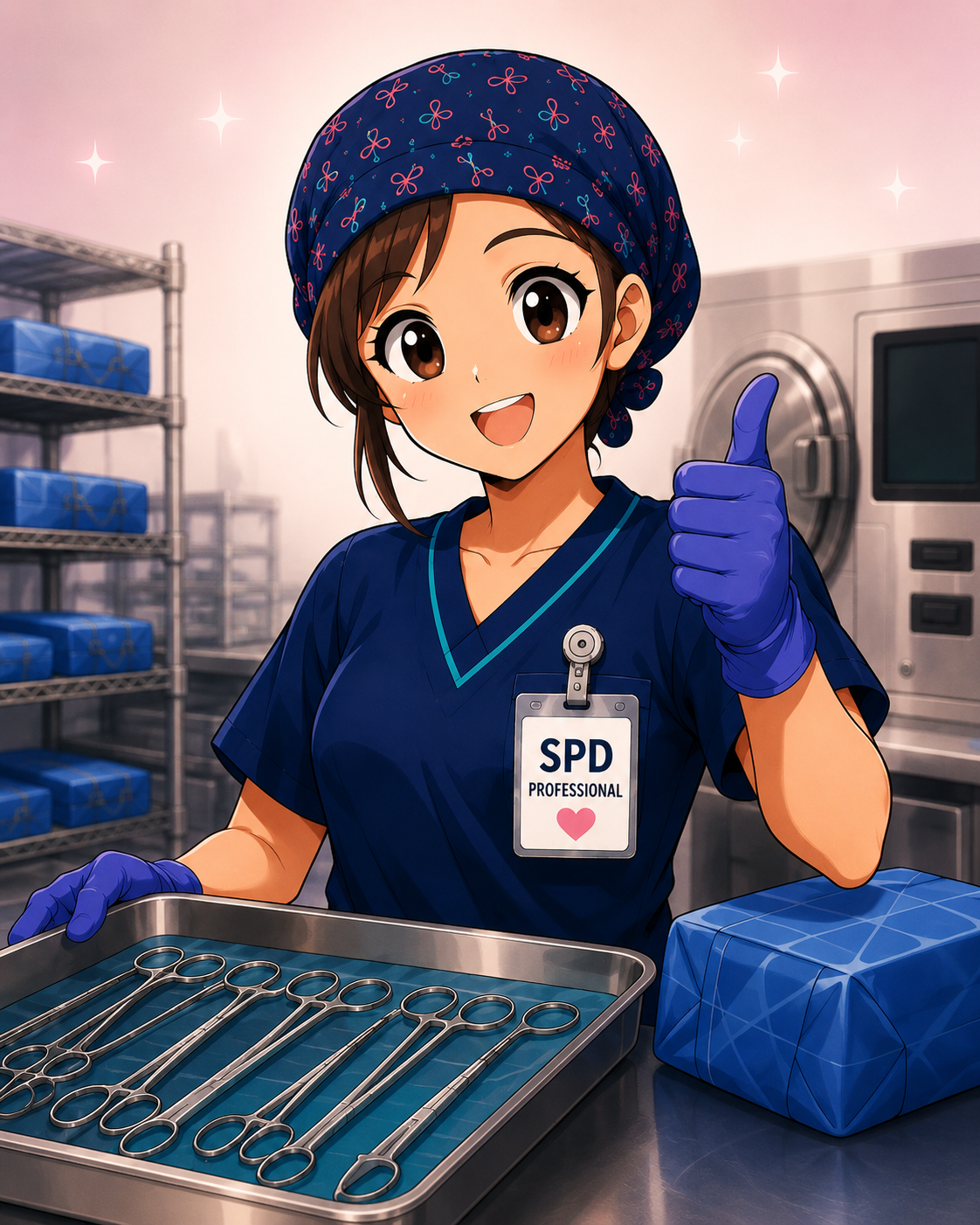 An anime style illustration of a smiling female nurse in scrubs and a headscarf, giving a thumbs up in a sterilization room with surgical instruments on a tray.