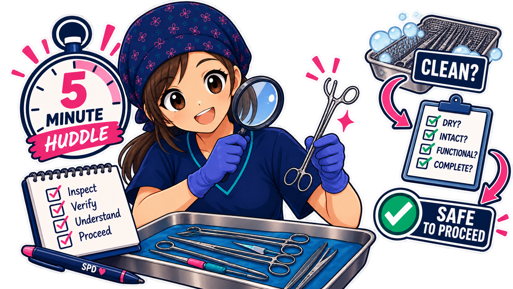 A cartoon girl in a nurse or medical uniform, wearing blue gloves and a bandana, is holding surgical scissors and a magnifying glass. In front of her is a tray with medical tools. Around her are checklists and signs indicating steps for a medical or surgical inspection, including items like inspecting, verifying, understanding, proceeding, and a checklist for cleanliness with options like dry, intact, functional, and complete. The scene emphasizes a 5-minute medical or surgical checklist/huddle with a green check mark indicating it's safe to proceed.