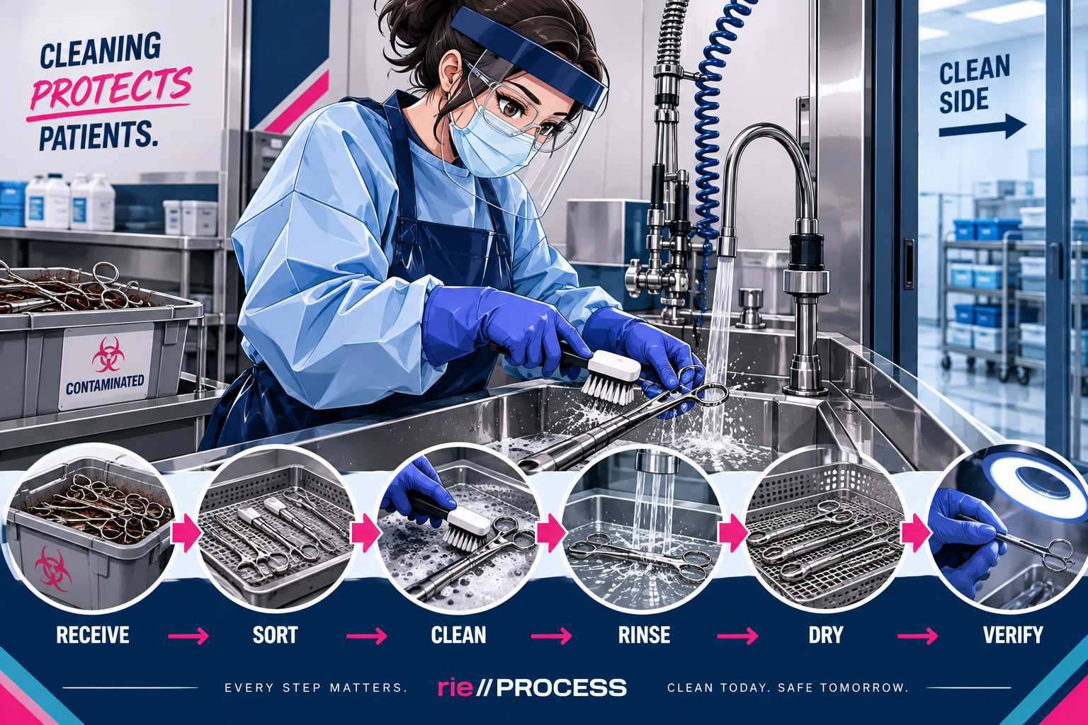 An illustration of a person cleaning surgical instruments in a sterilization process, with a step-by-step guide. The steps include receiving contaminated instruments, sorting, cleaning, rinsing, drying, and verifying. The person is wearing protective gear including a face mask, face shield, gloves, and a gown, working at an industrial sink in a sterile medical environment.