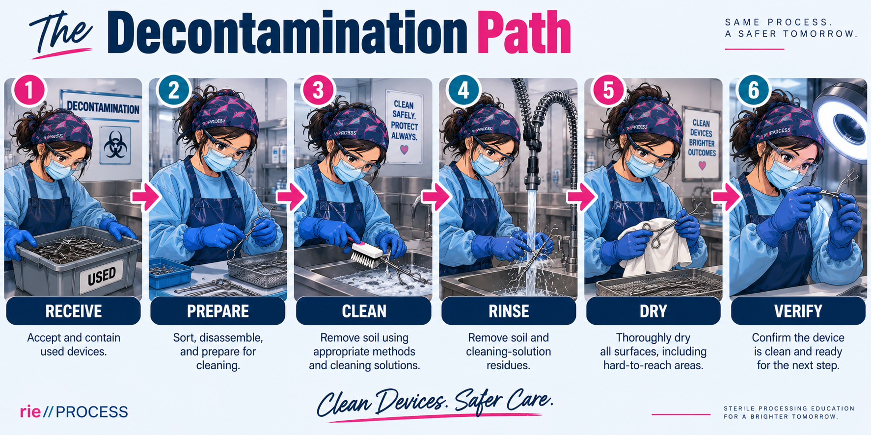 An infographic titled 'The Decontamination Path' illustrating six steps in decontaminating surgical instruments. Step 1: Receive, showing a worker handling used instruments in a tray. Step 2: Prepare, worker disassembling instruments. Step 3: Clean, using brushes and water. Step 4: Rinse, under a water faucet. Step 5: Dry, wiping instruments with a cloth. Step 6: Verify, inspecting instruments under a light. The infographic emphasizes safe device handling for better outcomes.