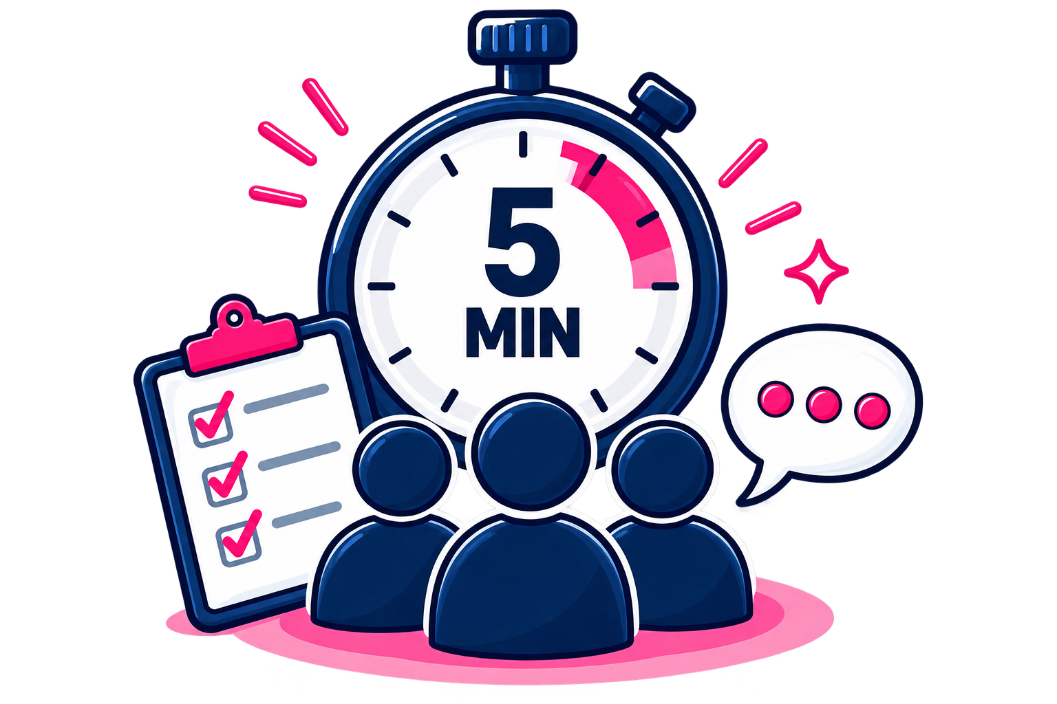 Digital illustration of a stopwatch showing 5 minutes, with three silhouetted people, a checklist with pink checkmarks, and a speech bubble with pink dots, all surrounded by pink glowing accents against a dark background.