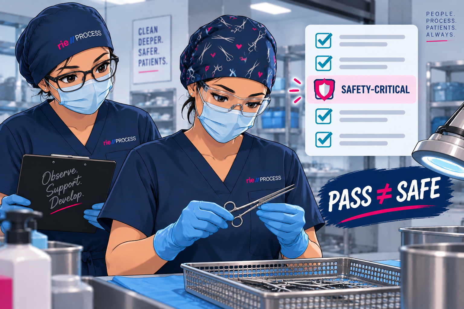 Two healthcare professionals in surgical scrubs, masks, and protective eyewear working in a sterile environment. One is holding surgical scissors, the other is observing and taking notes. There are medical equipment and supplies in the background, with a focus on safety and process improvement in healthcare.