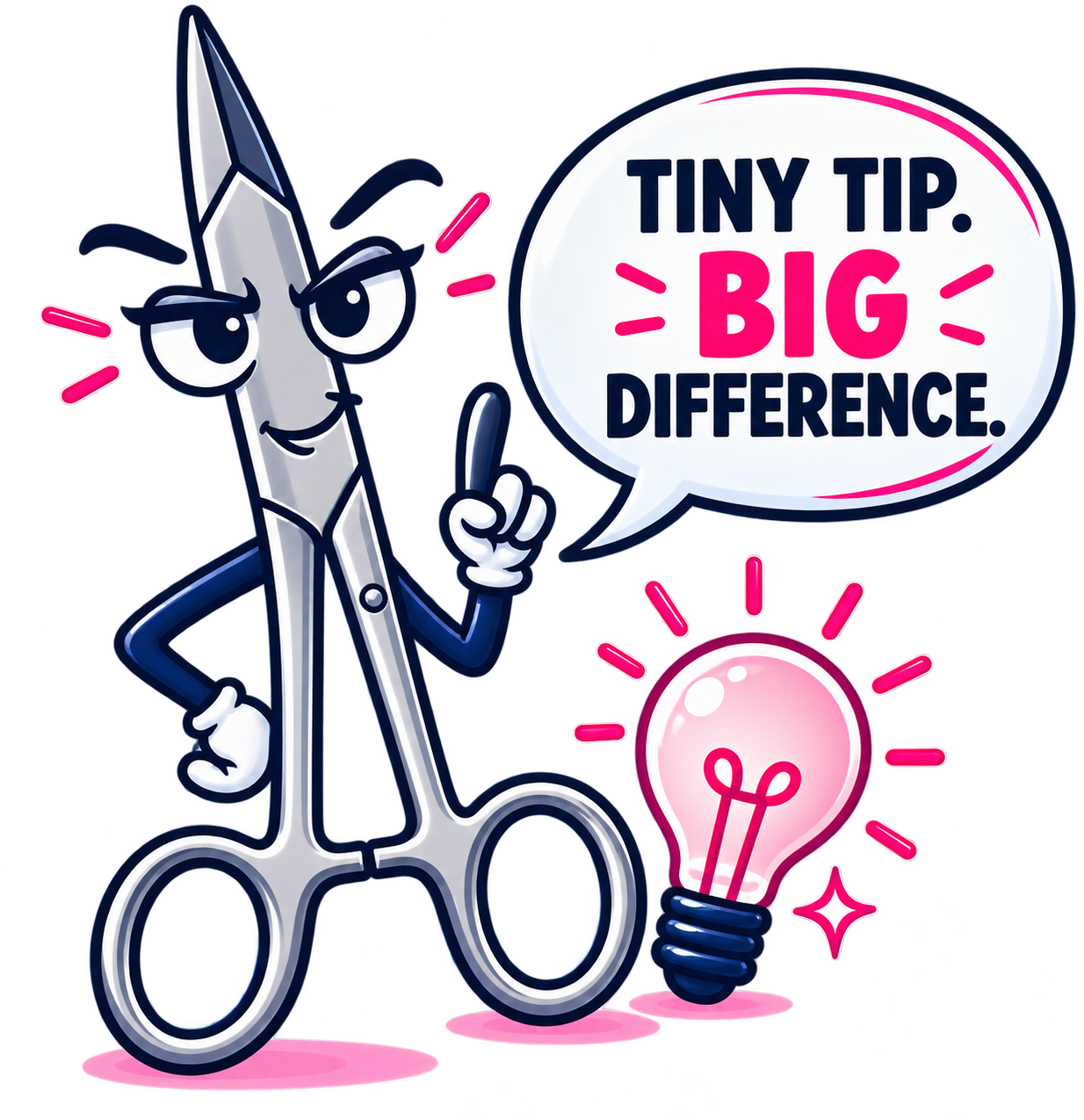 A cartoon character of a pair of scissors with a face, arms, and legs, holding a finger up, with a speech bubble saying, "Tiny tip. Big difference." A pink glowing light bulb located near the scissors.