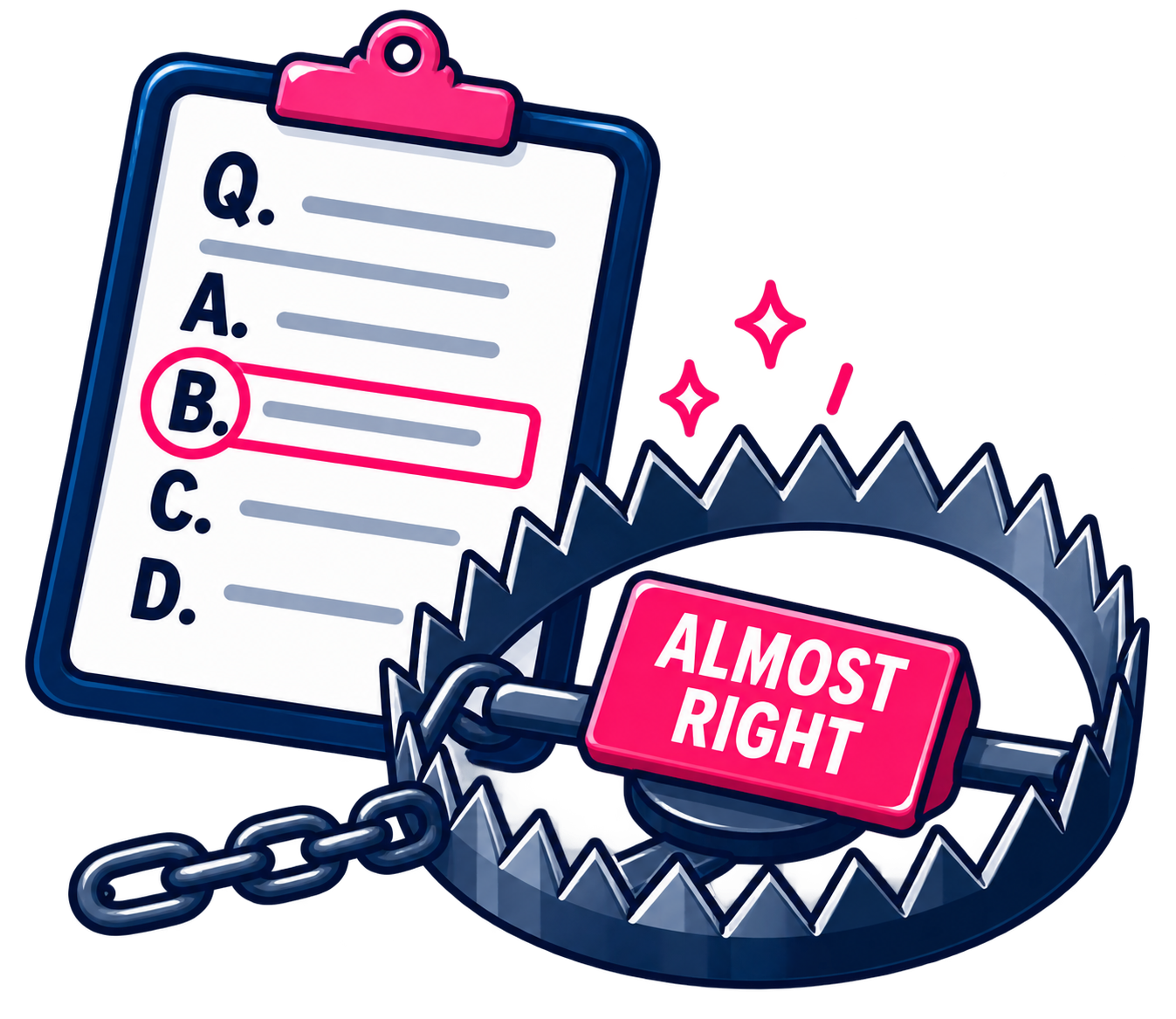 Illustration of a quiz question on a clipboard, with multiple-choice options labeled A, B, C, D, and the second option highlighted. A bear trap with the words 'Almost Right' inside a pink sign is attached to the clipboard. Sparkles are around the scene, indicating a sense of danger or near success.
