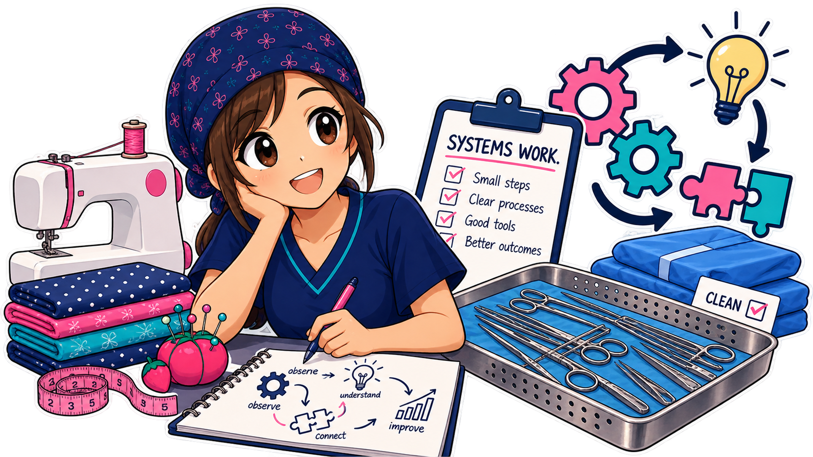 Illustration of a girl sewing with sewing supplies, sticky notes about systems work, a clipboard, and a diagram about observing, understanding, connecting, and improving processes.