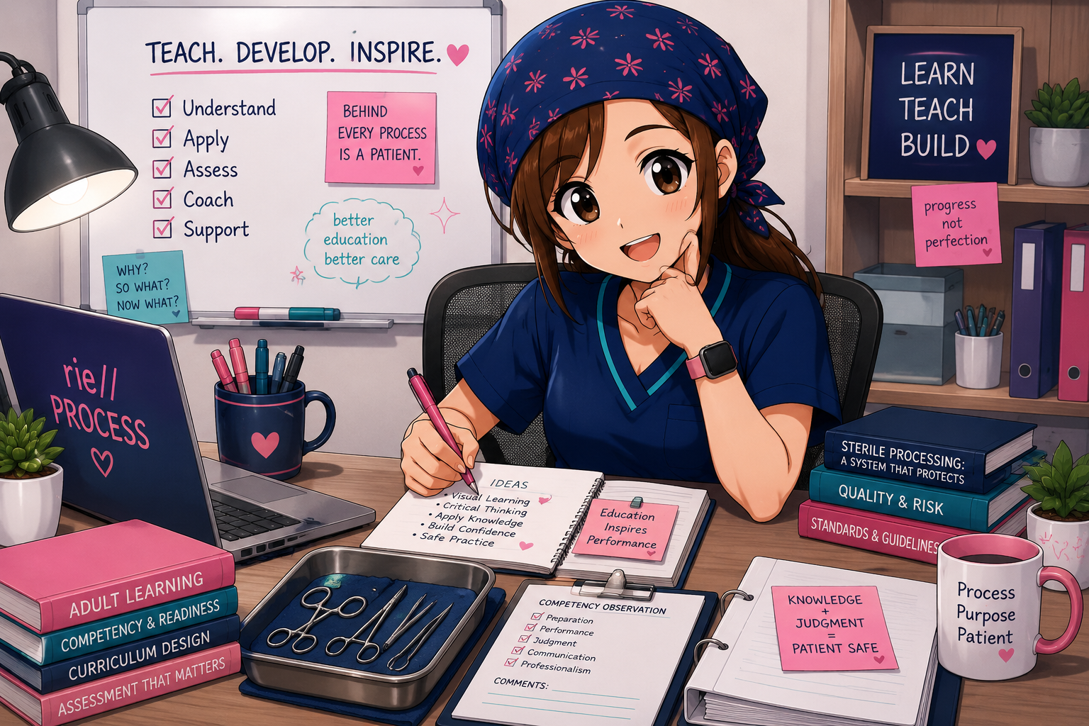 A cheerful woman working at a desk surrounded by books, notes, and office supplies with motivational posters and messages about education, growth, and patient care.