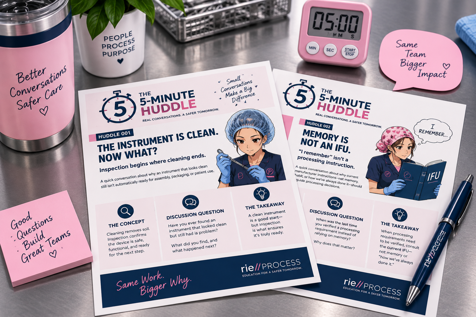 Two printed sheets titled "The 5-Minute Huddle" with illustrations of women in medical attire, one with a hairnet and the other with a pink headscarf, placed on a table with pink sticky notes, a pink digital timer, a pen, and a pink cup with a heart and the words "Better Conversations Safer Care."