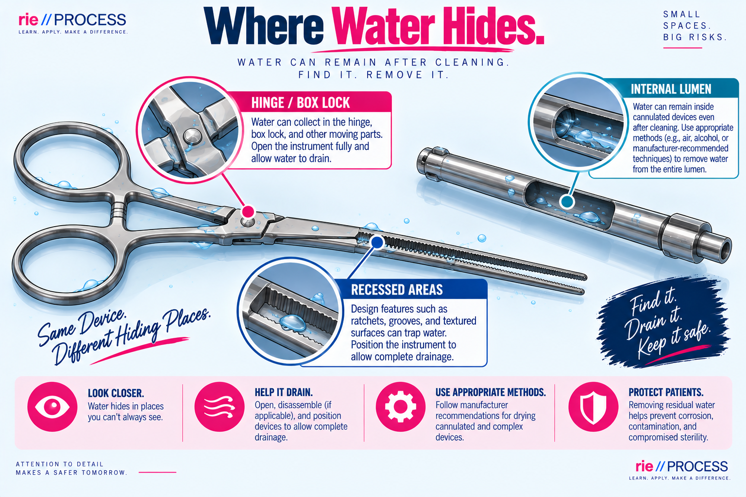 An infographic explaining where water hides in medical instruments like scissors. Shows parts including hinge/box lock, internal lumen, and recessed areas, with instructions for finding and removing water to prevent damage and contamination.