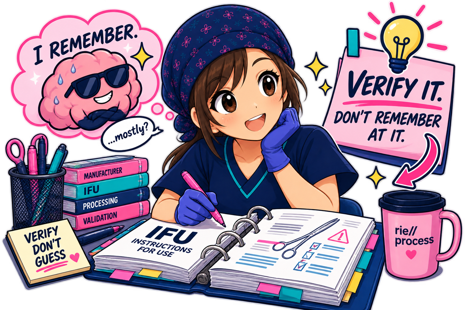 A cheerful girl dressed as a nurse sitting at a desk with a pink cup, books labeled 'Manufacturer,' 'IFU,' 'Processing,' and 'Validation,' and a pink sticky note that says, 'Verify, Don't Guess.' There is a cartoon brain wearing sunglasses with a speech bubble saying, 'I remember...mostly?', and a pink sign with a light bulb icon that reads, 'Verify it. Don't remember at it.' The girl is holding a pink pen and writing in a binder labeled 'IFU Instructions for Use,' with a pair of scissors and a pink highlighter on the page. The scene is colorful and depicts themes of verification and instruction reading.