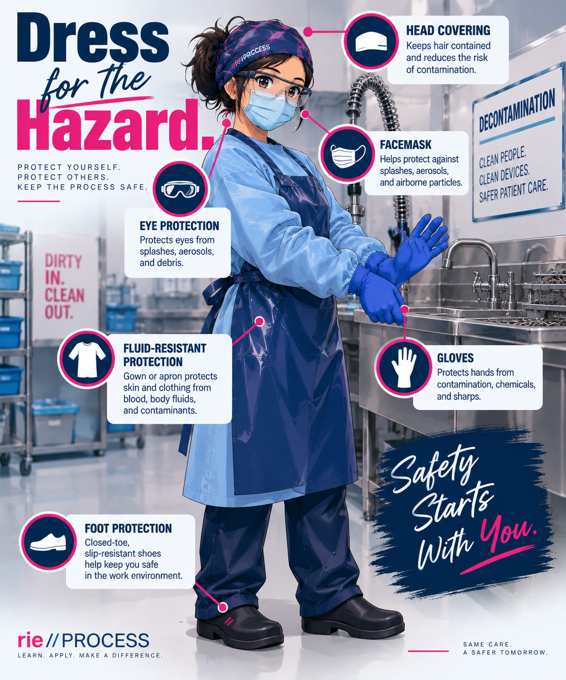 An illustration of a person wearing protective gear in a clean industrial environment. The person is dressed in a blue head covering, face mask, safety glasses, disposable gown, gloves, slip-resistant shoes, and an apron. The image highlights various safety gear, including head covering, face mask, eye protection, fluid-resistant gown, gloves, and foot protection, with labels and descriptions for each. There is a sign on the wall emphasizing decontamination and cleaning procedures.