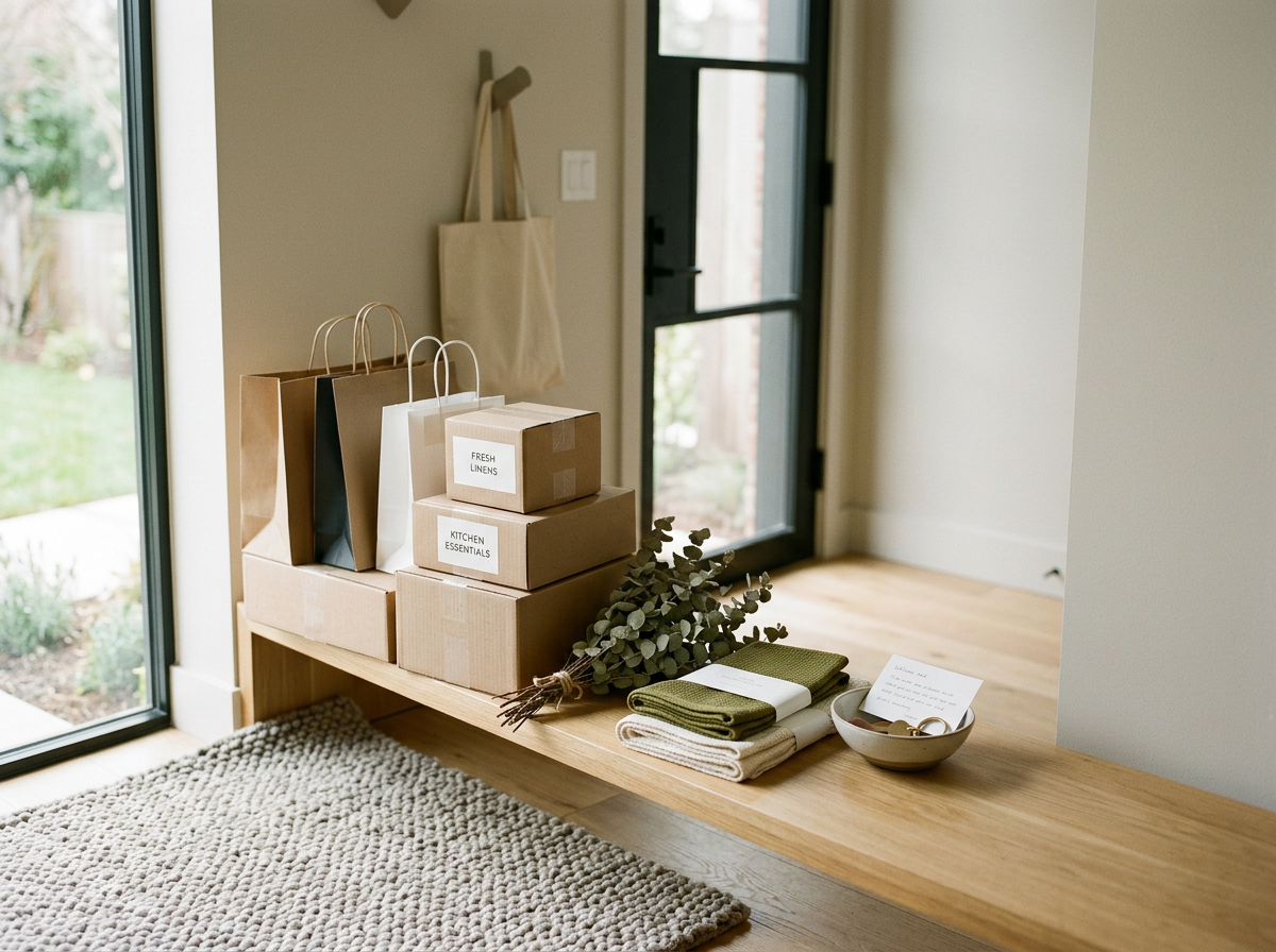 Fresh linens, household essentials, and keys prepared for a homeowner’s arrival.